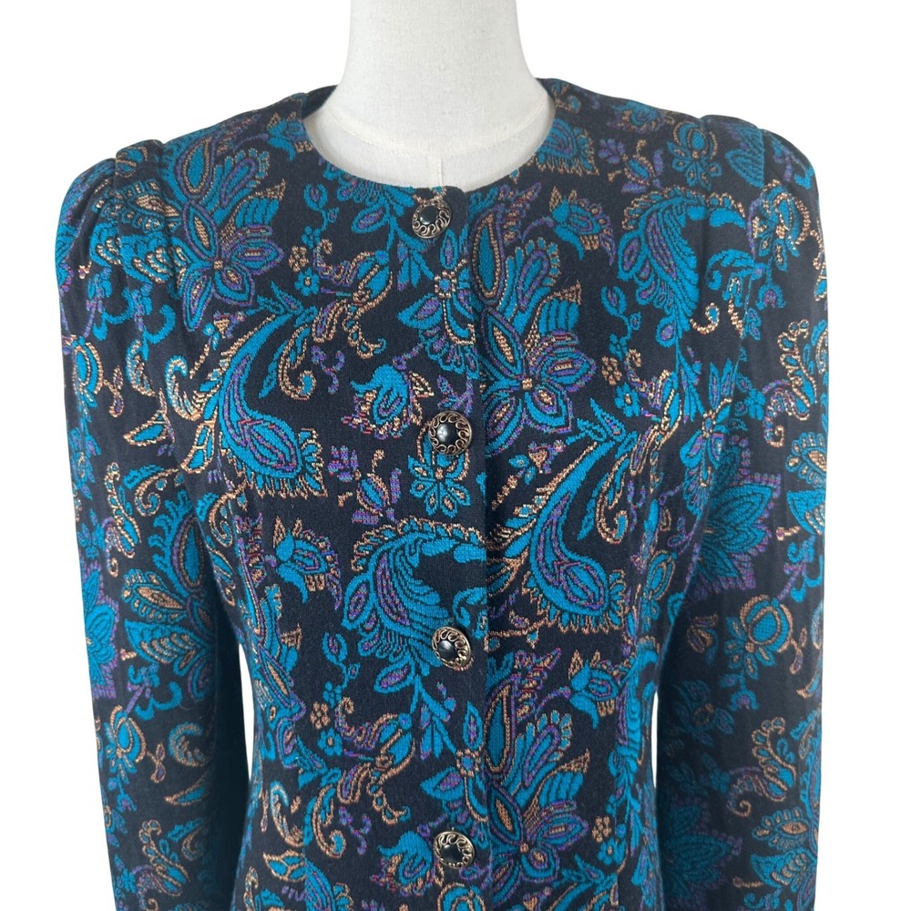 Petite Jazz Vintage 80s Dress Womens S Black Teal Paisley Metallic Party Glam